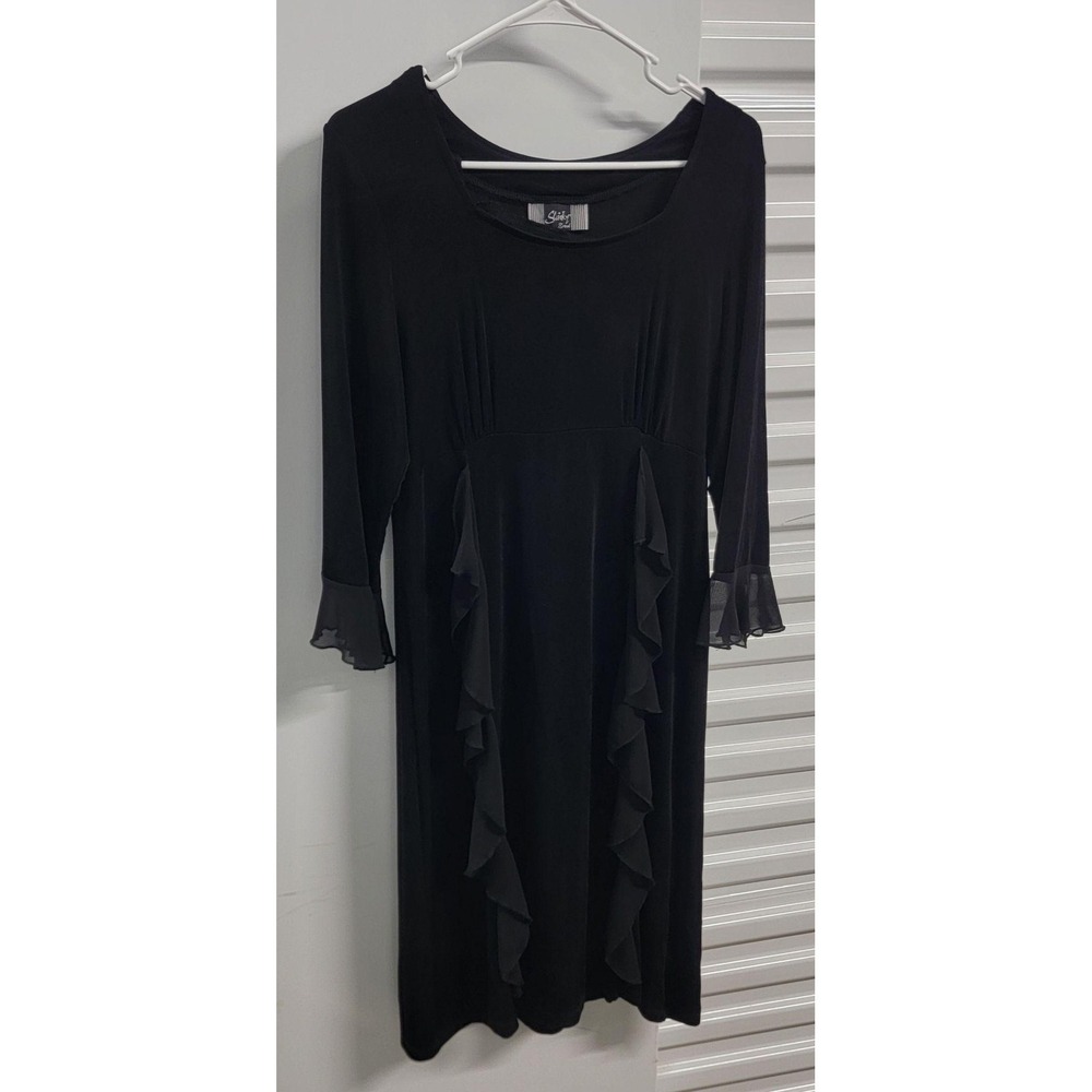 Slinky Brand Goth Dress Womens Medium Black Ruffle Bell Sleeve Midi Cocktail
